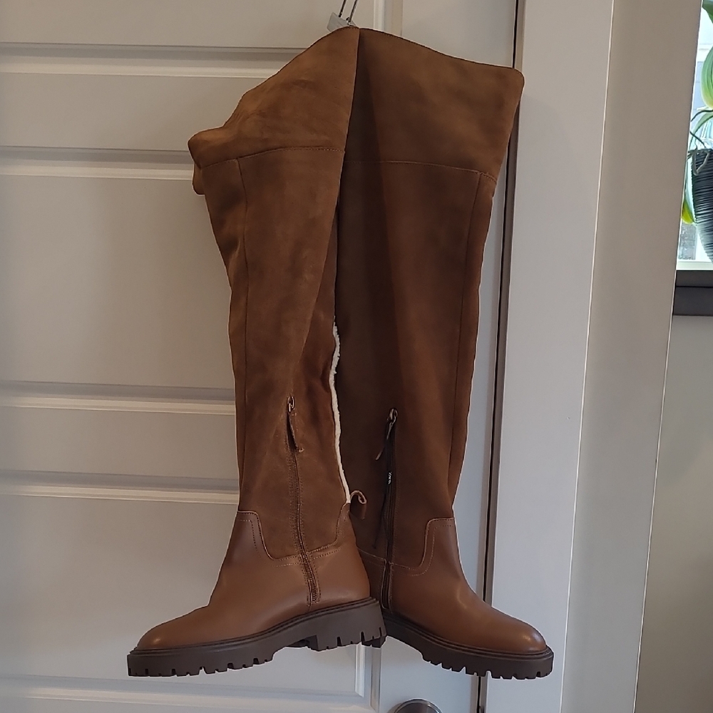 🟢Zara Over The Knee Chunky Boots. Leather Upper. Size 7.5 (38)